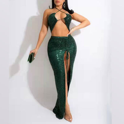 Sequins Halter Cut Out Drawstring High Slit Dress