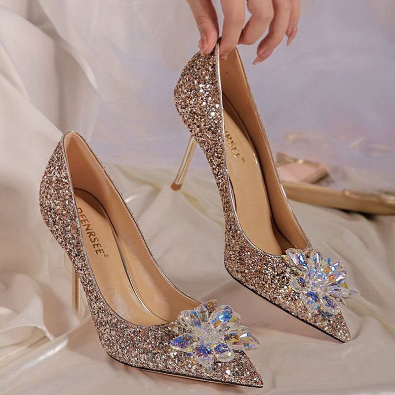 Sequins CryStal Floral Decoration Thin Heeled Wedding Sandals