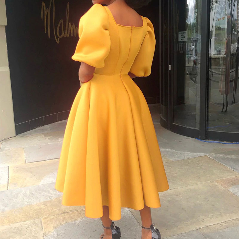 Solid Square Neck Puff Sleeve Pleated Midi Dress