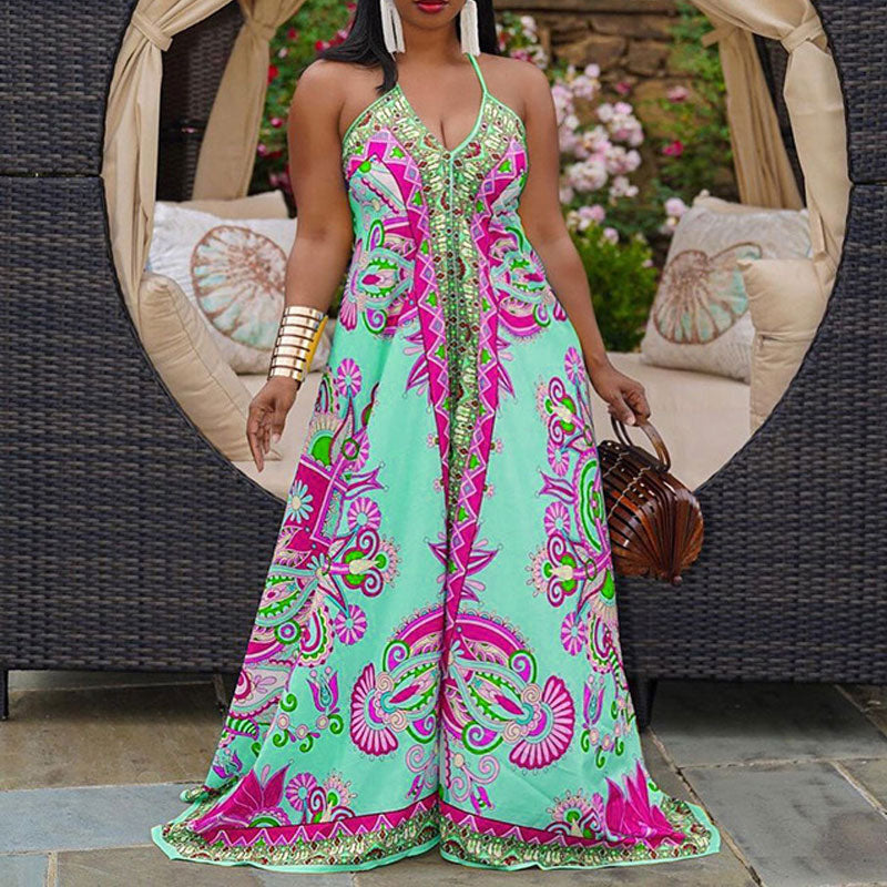 Print Sleeveless Halter Bangage Jumpsuit