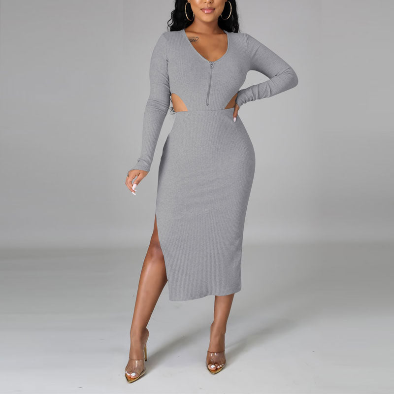 Solid V-Neck Long Sleeve Bodysuit & High Slit Skirt Set