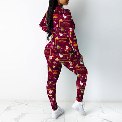 Christmas Pattern Long Sleeve Zipper Design Skinny Jumpsuit