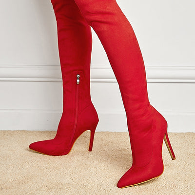 Suede Pointed Toe Zipper Design Knee-High Boots