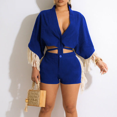 Solid Batwing Sleeve Tassel Design 2PCS Shorts Set