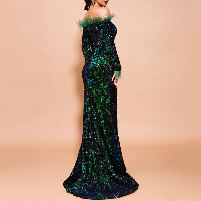 Sequins Off Shoulder Feather Design Floor-Length Evening Dress