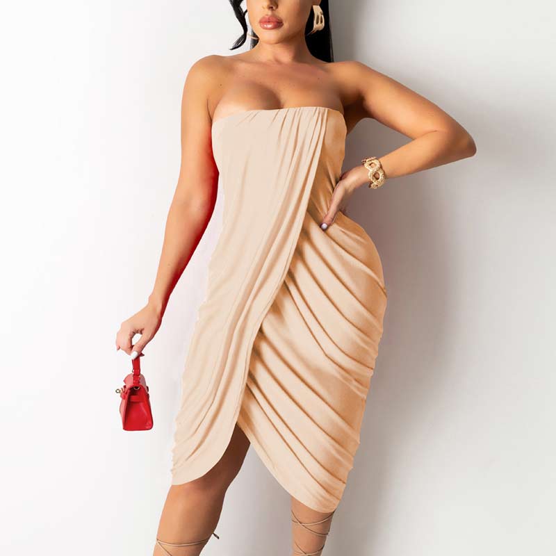 Solid Off Shoulder Ruched Irregular Midi Dress