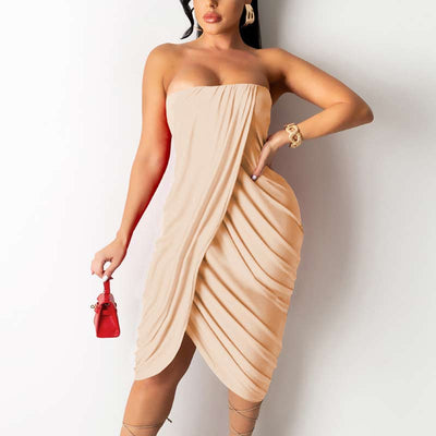 Solid Off Shoulder Ruched Irregular Midi Dress