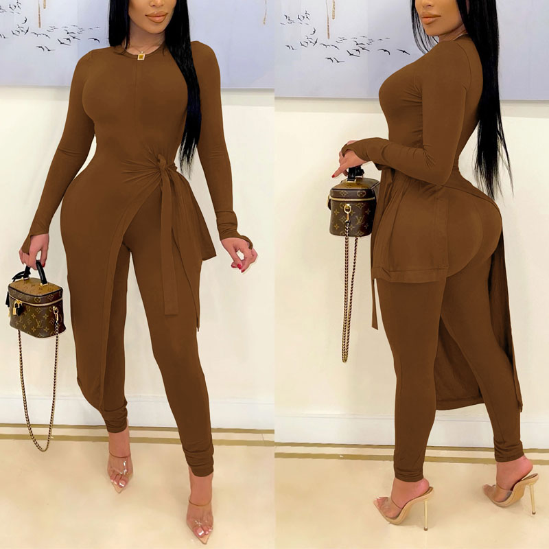 Solid Long Sleeve High Slit Top & Pants Set