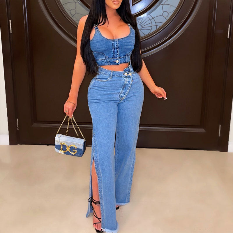 Solid High Waist Irregular Buttoned Slit Denim Pants