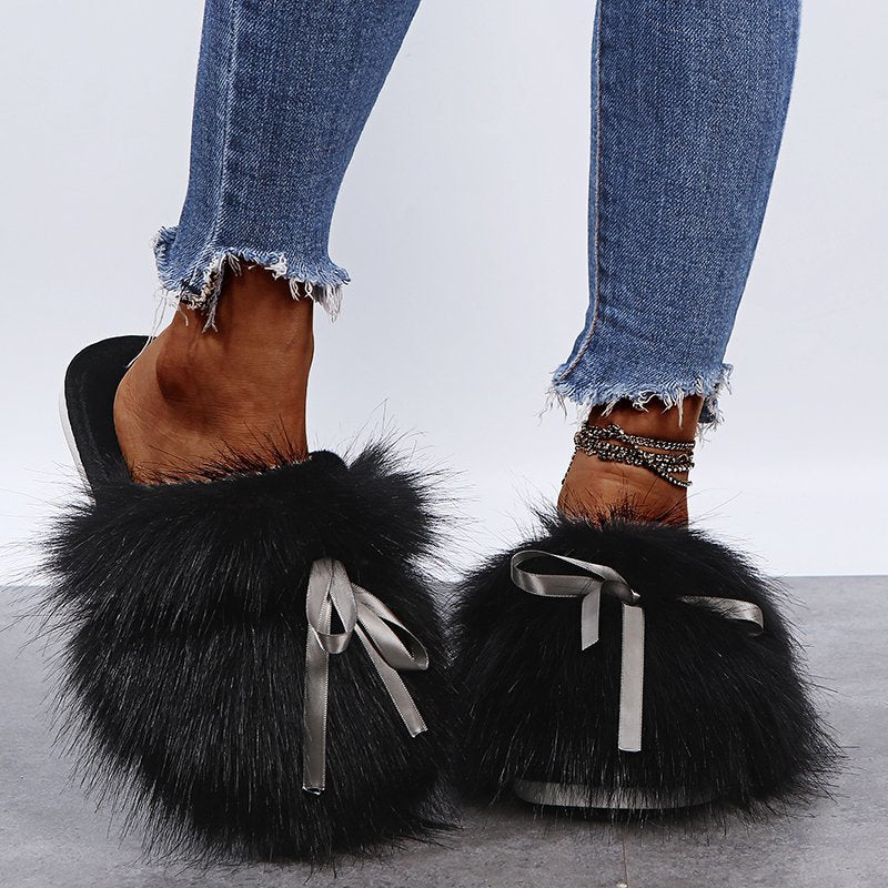 Solid Bowknot Decoration Fluffy Sandals