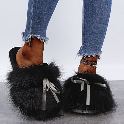 Solid Bowknot Decoration Fluffy Sandals