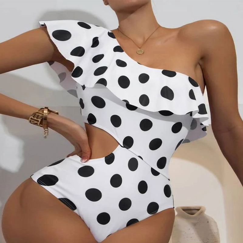 Polka Dot Print One Shoulder Cut Out One Piece Swimsuit