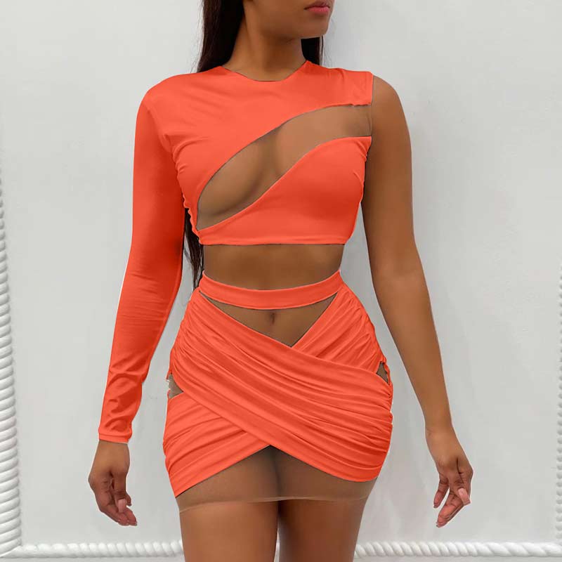 Solid Long Sleeve One Shoulder Sheer Mesh Two Piece Skirt Set