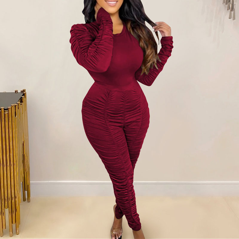 Velvet Long Sleeve Ruched Skinny Jumpsuit