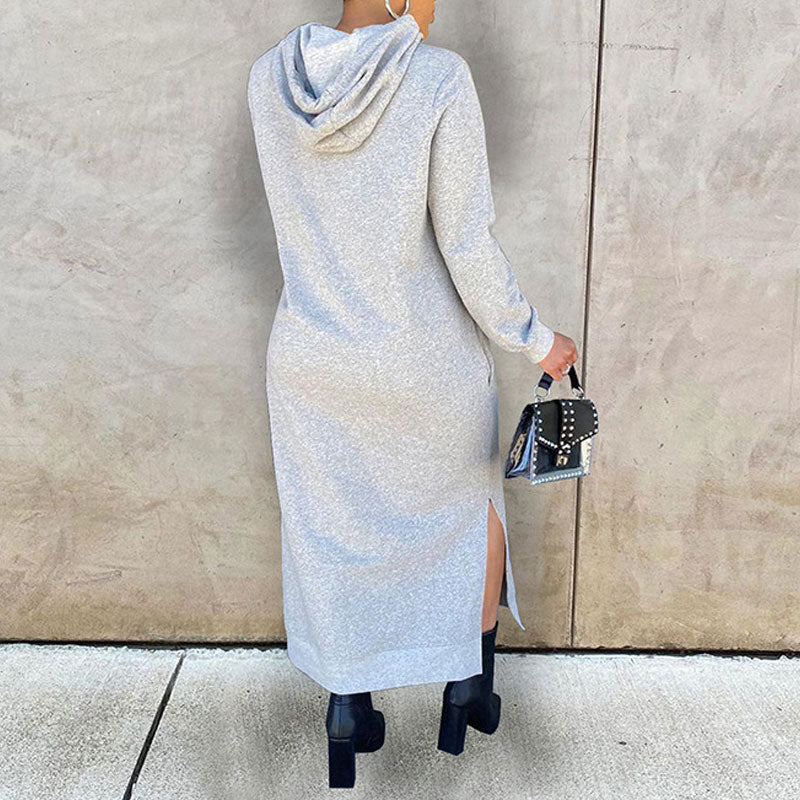 Solid Long Sleeve Slit Hoodie Sweater Dress