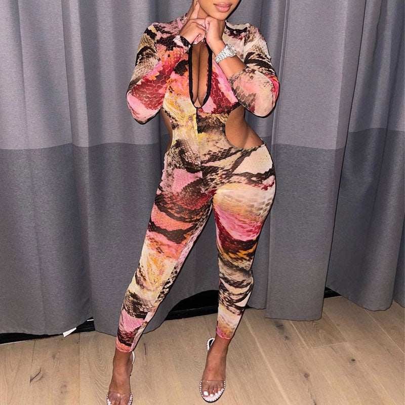 Print Long Sleeve Cut Out Skinny Jumpsuit