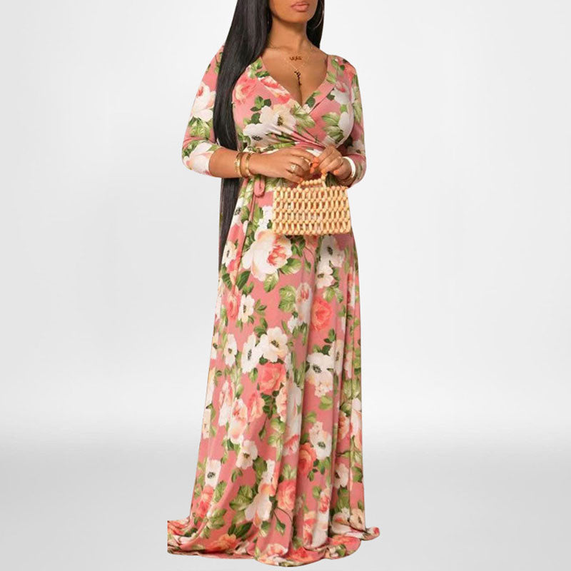 Floral Print V-Neck Long Sleeve Maxi Dress