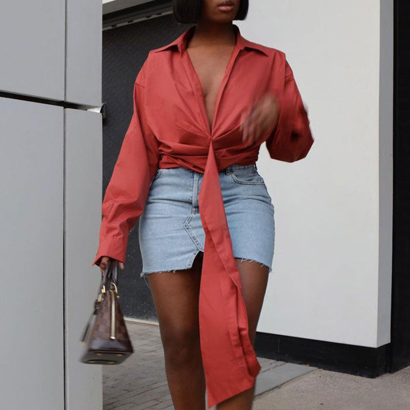 Solid V-Neck Long Sleeve Ruched Blouse