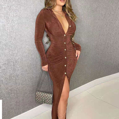 Solid Long Sleeve Button Detailed Velvet Dress