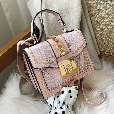 Snakeskin Pattern Chain Flap Satchel Bag