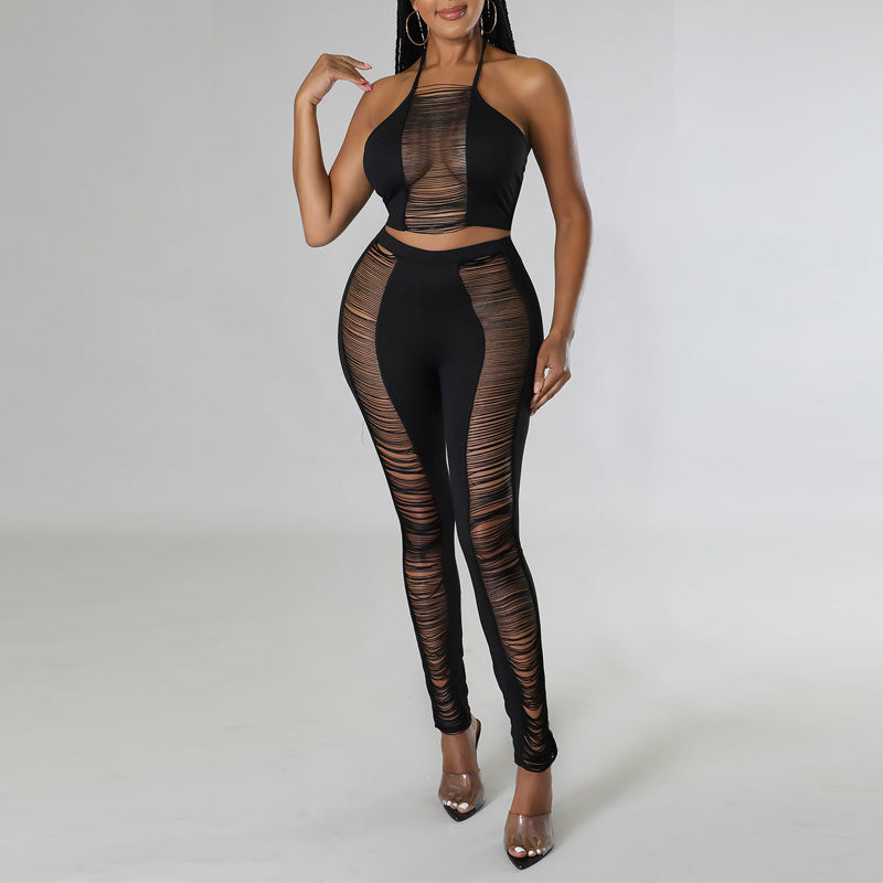 Solid Halter Cut Out Tube Top & Pants Set