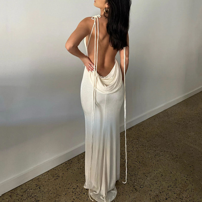 Solid Halter Backless Maxi Dress