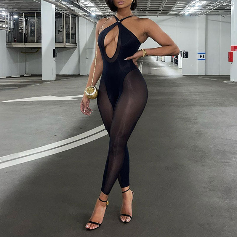 Solid Halter Cut Out Sheer Mesh Jumpsuit