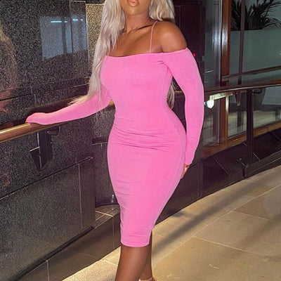 Solid Off Shoulder Long Sleeve Midi Dress