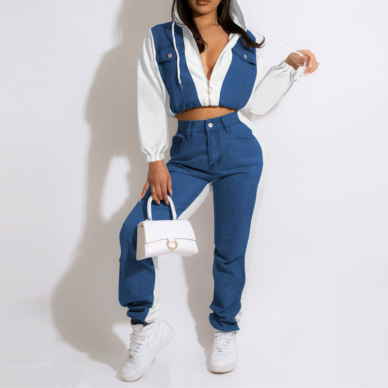 Colorblock Long Sleeve Denim Hoodie Top & Pants Set