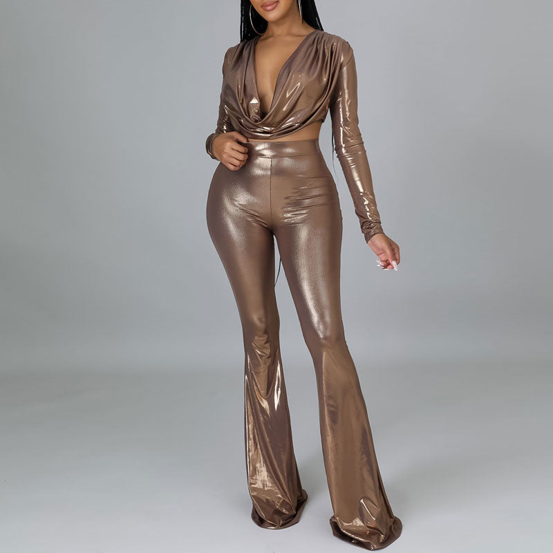 Solid Deep V-Neck Long Sleeve Crop Top & Bell Bottomed Pants Set