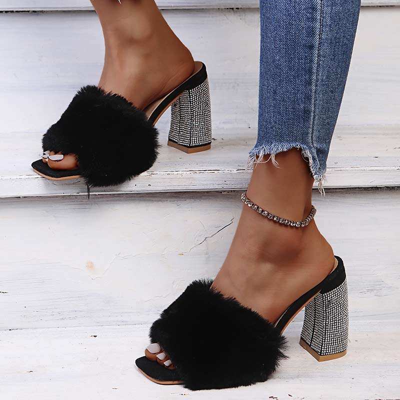 Solid Rhinestone Decoration Fluffy High Heels