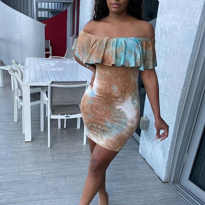 Tie Dye Print Off Shoulder Ruffle Design Bodycon Dress