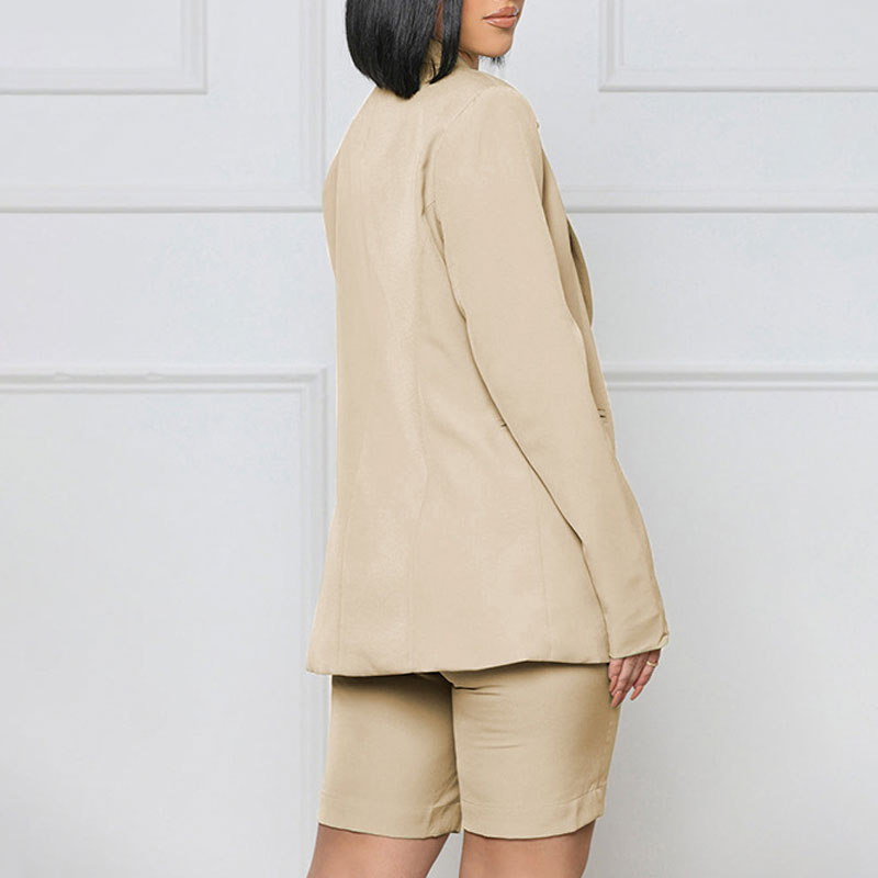 Solid Turndown Neck Long Sleeve Blazer Coat & Shorts Set