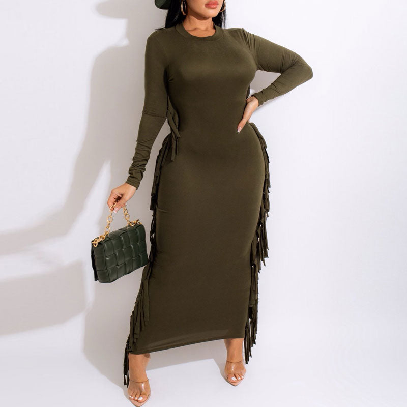 Solid Long Sleeve Tassel Design Maxi Dress