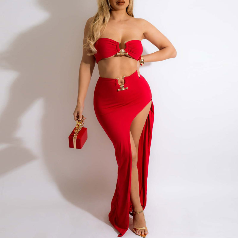 Solid Off Shoulder Tube Top & High Slit Skirt Set