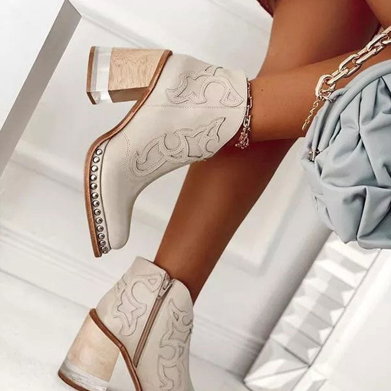 Print Rivet Decoration Chunky Heeled Boots