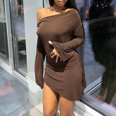 Solid Oblique Shoulder Long Sleeve Slit Bodycon Dress