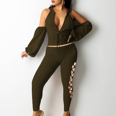 Solid Cold Shoulder Lace Up Hoodie Top & Hollow Out Pants Set