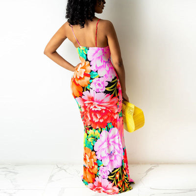 Floral Print V-Neck Sling Maxi Bodycon Dress