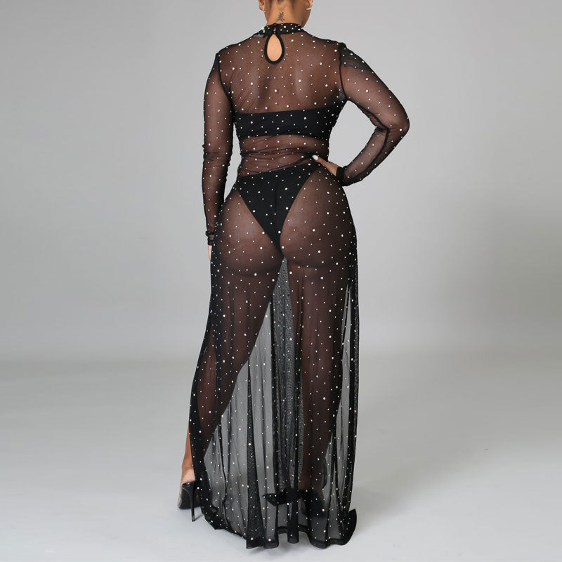 Rhinestone Long Sleeve Sheer Mesh High Slit Dress