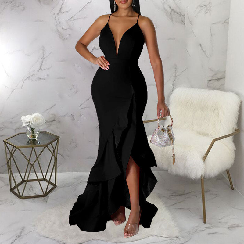 Solid Sleeveless Deep V-Neck High Slit Ruffle Design Maxi Dress