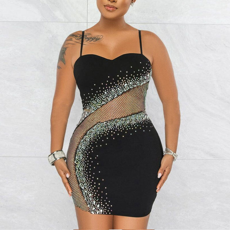 Rhinestone Sleeveless Sheer Mesh Spaghetti Strap Bodycon Dress