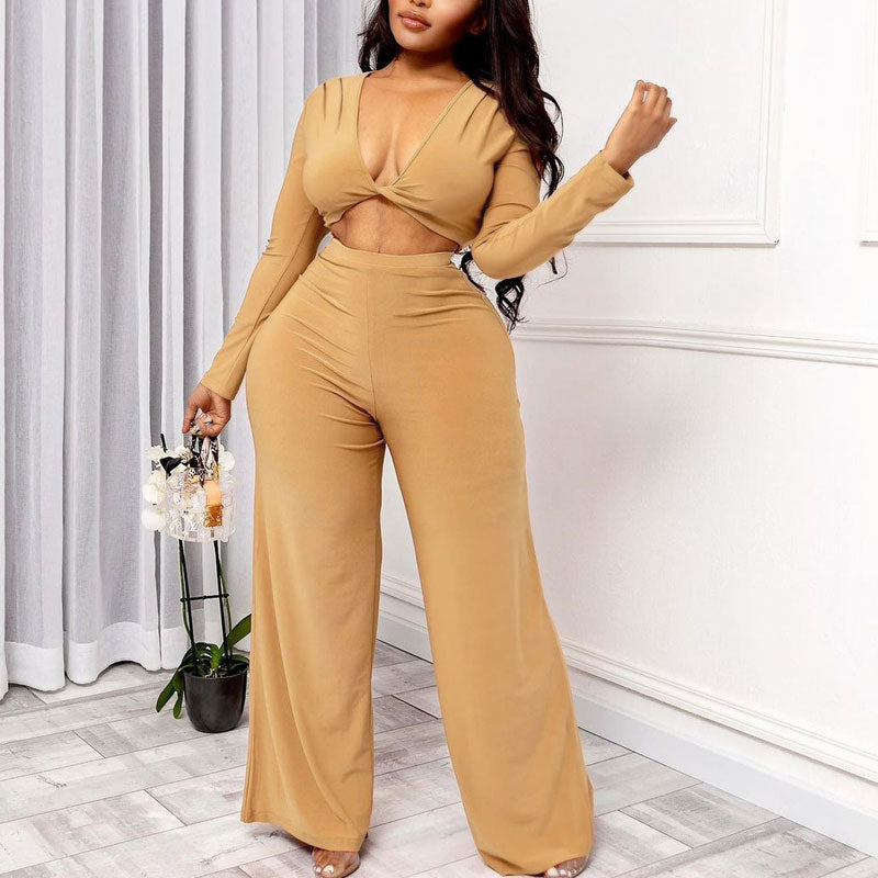 Solid V-Neck Long Sleeve Crop Top & Pants Set