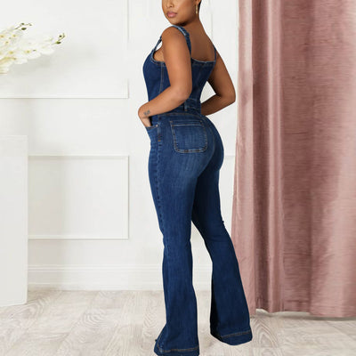 Denim Button Sleeveless Sling Flared Jumpsuit