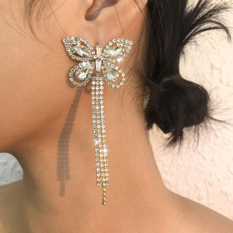 Rhinestone Butterfly Pattern Tassel Design Earrings