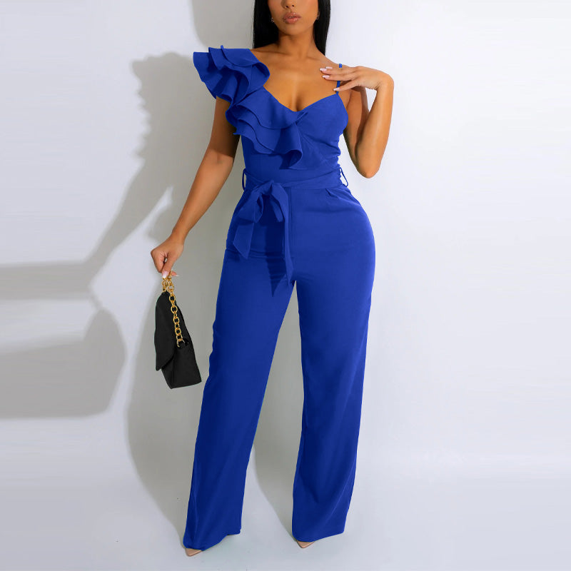 Solid Oblique Shoulder Ruffled Belted Jumpsuit