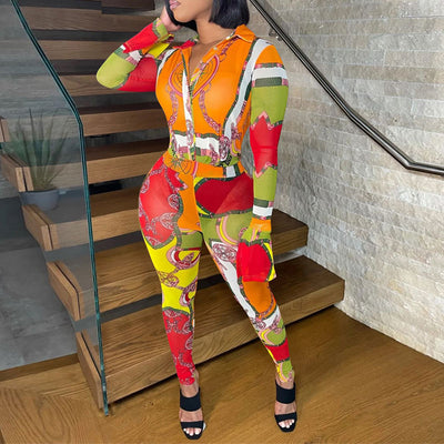 Print Turndown Neck Long Sleeve Jumpsuit