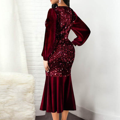 Sequins V-Neck Ruffled Hem Long Sleeve Dress