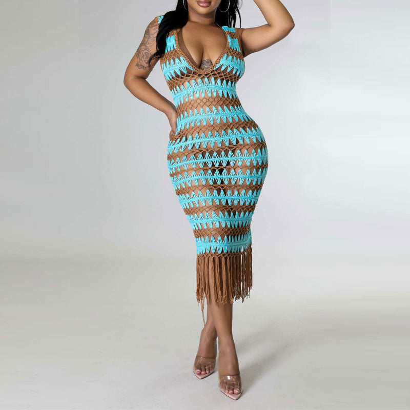 Colorful V-Neck Sleeveless Crochet Tassel Design Midi Dress