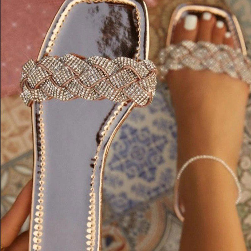 Rhinestone Square Toe Flat Sandals